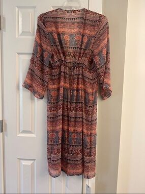 Lucky Brand Coral and Slate Printed Kimono Style Layering Top/Overdress